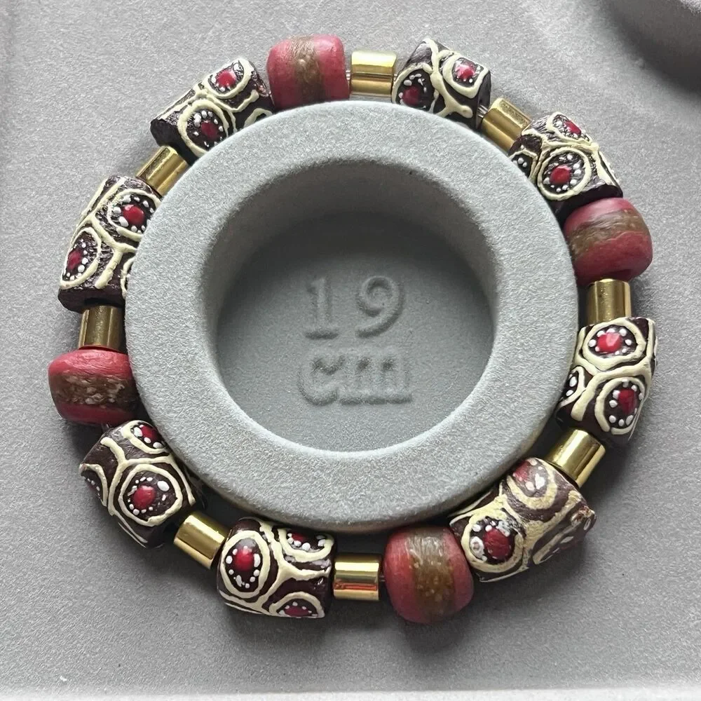 Beaded Stretch Bracelet African Trade Beads Red Brown Ethnic Unisex Handmade